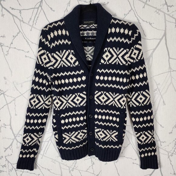 Banana Republic Navy Aztec Cotton Wool Blend Shawl Collar Cardigan - Picture 1 of 5